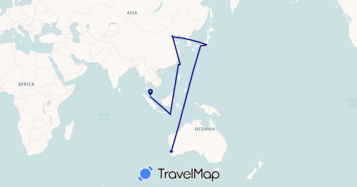 TravelMap itinerary: driving in Australia, China, Indonesia, Japan, Malaysia, Taiwan (Asia, Oceania)
