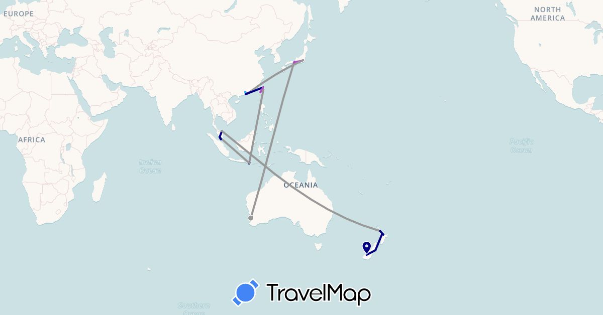 TravelMap itinerary: driving, bus, plane, train, boat in Australia, China, Hong Kong, Indonesia, Japan, Macau, Malaysia, New Zealand, Taiwan (Asia, Oceania)